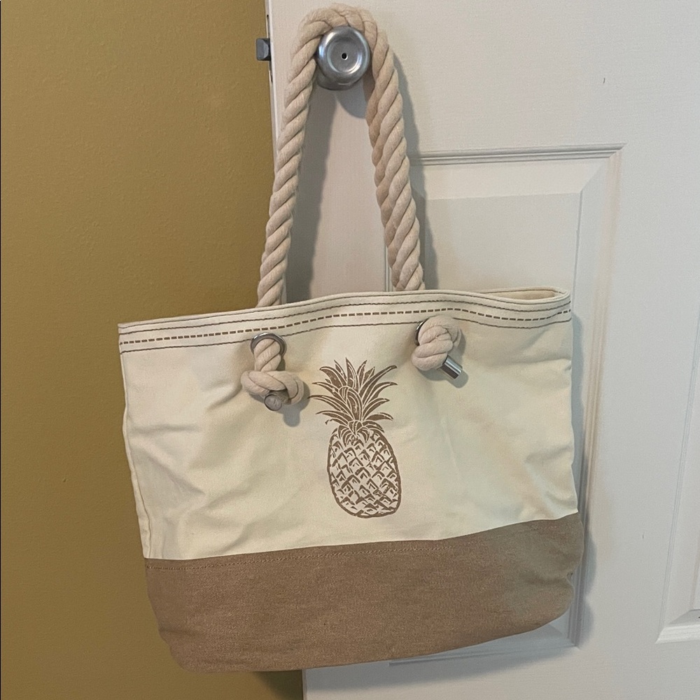 Pure Pineapple Rope Handle Cream Tan Tote Beach Bag Canvas Magnetic - Picture 7 of 9